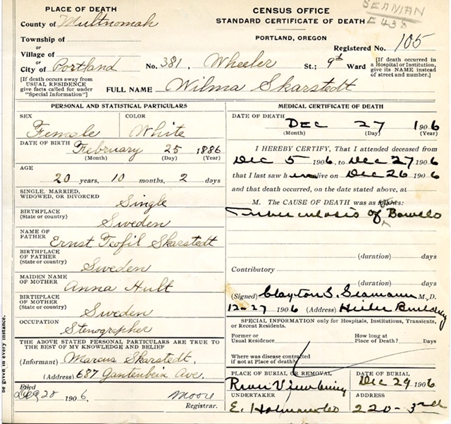 Death Certificate - 1906 - Wilma Skarstedt