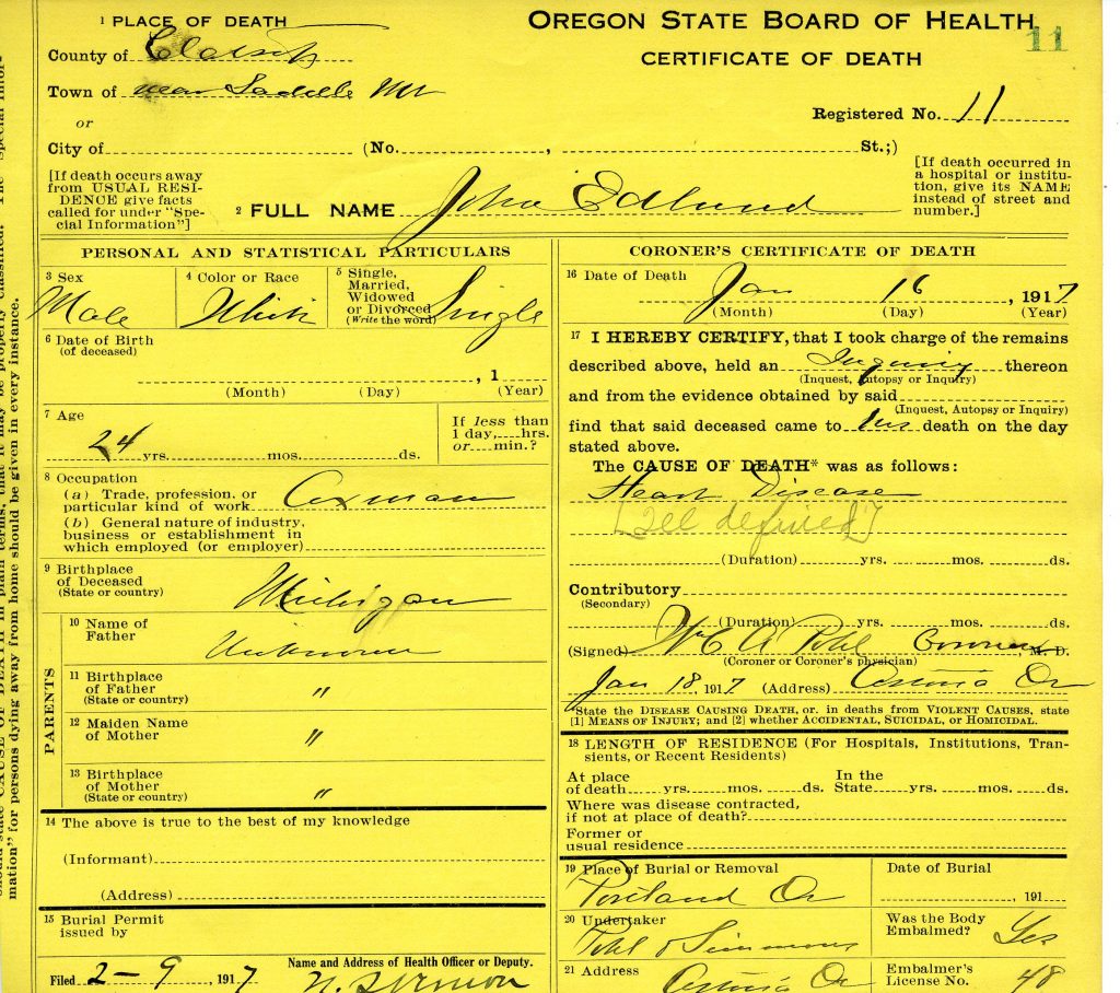 Death Certificate - 1917 - John Edlund - Clatsop County