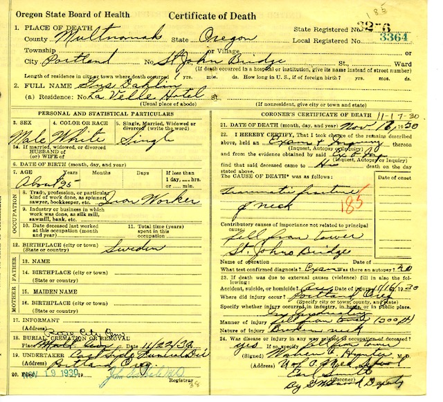 Death Certificate - 1930 - Gus Dahlin - Multnomah County