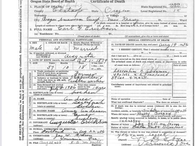 Death Certificate - 1936 - Carl Erickson - Columbia County
