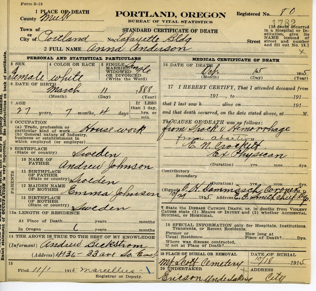 1915 - Anna Anderson - Portland, OR - Multnomah County